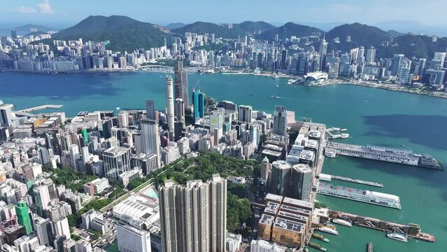 Drone aerial shot Skyview in Nathan Road Tsim Sha Tsui Mong Kok Jordan Austin Yau Ma Tei Central West Kowloon Hong Kong , a commercial hub with the financial of the Victoria Harbour