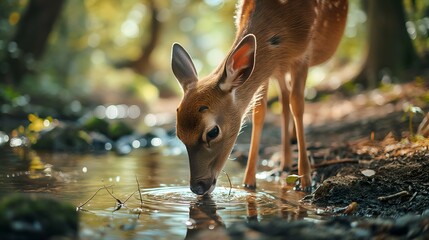 A deer is drinking water in the forest.