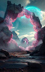 twisted galactic illuminescent glowing pastel rock stargate with hexagonal cut outs - obrazy, fototapety, plakaty
