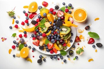 Overhead view of fruit salad on a white background - Generative AI