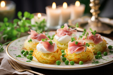 Potato Nests with cream cheese and ham slices and green peas on a plate. Horizontal, close-up, side...