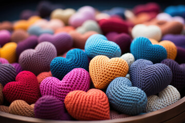 A set of bright multi-colored blue, pink, purple, lilac, peach, red, burgundy, green knitted hearts made of woolen threads on a table in the room. Valentine's Day gift concept for lover. Holiday - obrazy, fototapety, plakaty
