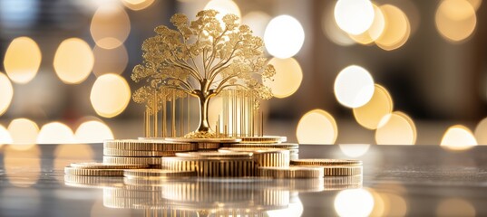 Golden tree of financial growth with coins and banknotes in bokeh cityscape background. - obrazy, fototapety, plakaty