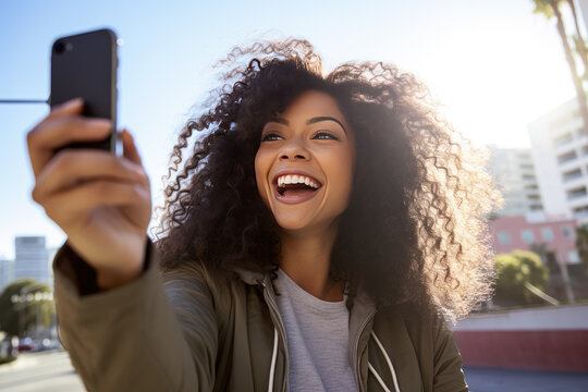 happy woman take a selfie