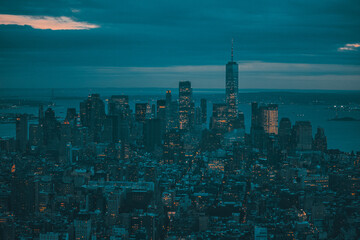 Fototapeta premium panorama, skyscraper, downtown, skyline, dusk, Twilight, New York City, no people, US, Photography, District, Modern, Urban, Sunset, Metropolis, America, Built Structure, Outdoors