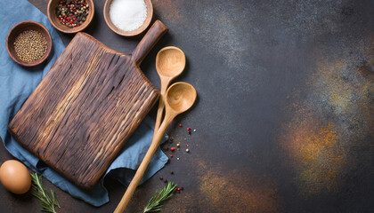 Obraz na płótnie Canvas Abstract food background. Top view of dark rustic kitchen table with wooden cutting board and cooking spoon, frame.