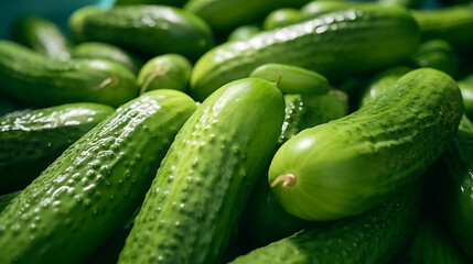 Raw Green Cucumbers. Cucumbers top view, greenhouse cucumbers, long cucumbers. AI Generative
