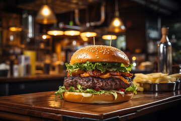  Tasty hamburger with beef, restaurant background