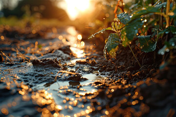 Closeup of mud and dirt of farmers field with rainwater trench next to crop plants in golden sunlight 