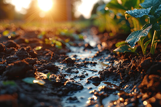 Closeup of mud and dirt of farmers field with rainwater trench next to crop plants in golden sunlight 