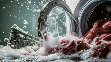 Overflow crisis. Washing machine disaster with water and suds everywhere - obrazy, fototapety, plakaty