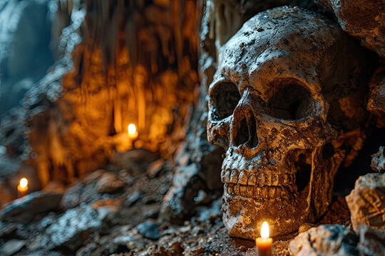 Closeup of skull surrounded by lit candles in damp cinematic cave