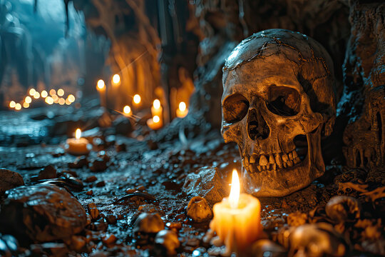 Closeup of skull surrounded by lit candles in damp cinematic cave