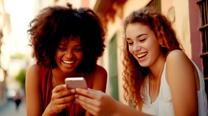 couple of women sitting next to each other on the street, holding phone, watching video and laughing, african american woman and white woman