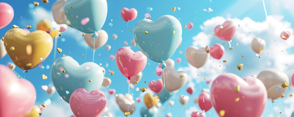Heart shaped balloons floating in the sky - Valentine's Day theme