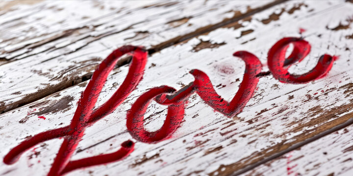 word "love" written in cursive with a vibrant red hue on a weathered wooden background.