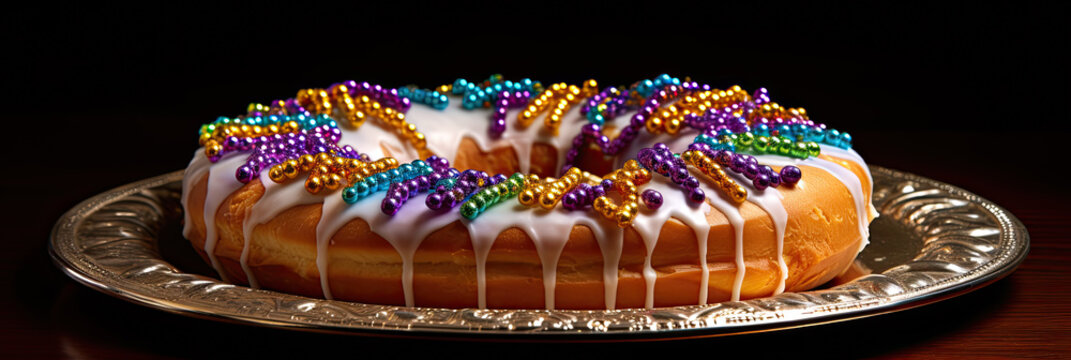 Whole Mardi Gras king cake on platter side view