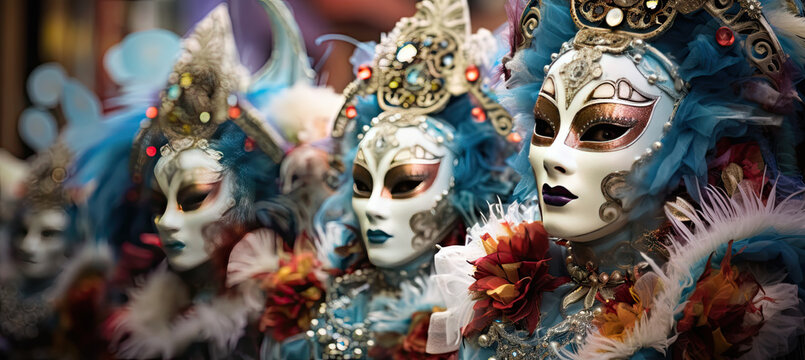 Colorful Parade of mardi gras carnival with elaborately dressed performers in masks