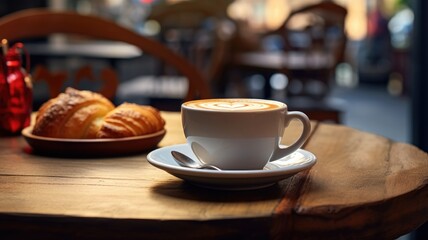 Fototapeta premium Cappuccino with heart-shaped latte art on a wooden table with croissants