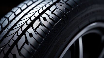 A close-up of a wet, detailed car tire tread