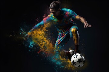Vibrant soccer player kicking abstract ball. Generative AI - obrazy, fototapety, plakaty