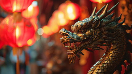 Fototapeta premium Chinese year of the dragon. Dragon statue in chinese lanterns, closeup of photo.