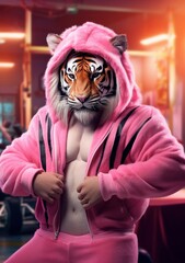 Fototapeta na wymiar Cartoon tiger in the gym, AI