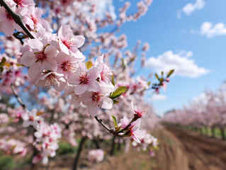 Flowering almond trees in daylight and blue sky