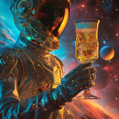 um astrounauta segurando um copo de cerveja no espaço, Generative AI - obrazy, fototapety, plakaty