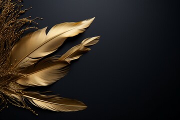 Fashion backdrop Template with golden feathers on black, copy space