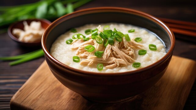 Bowl of chicken congee garnished with green onions