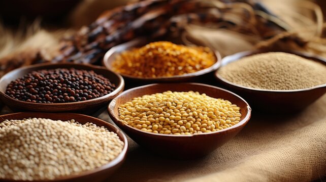 Bowls of assorted grains and seeds on burlap
