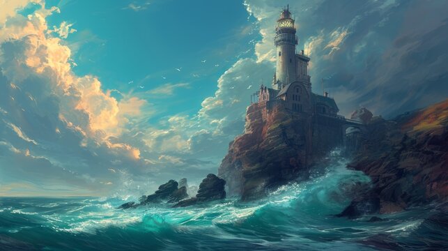An imposing lighthouse rising out of the sea