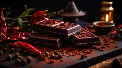Foto op Plexiglas Hete pepers Artisan chocolate with chili flakes on a dark background
