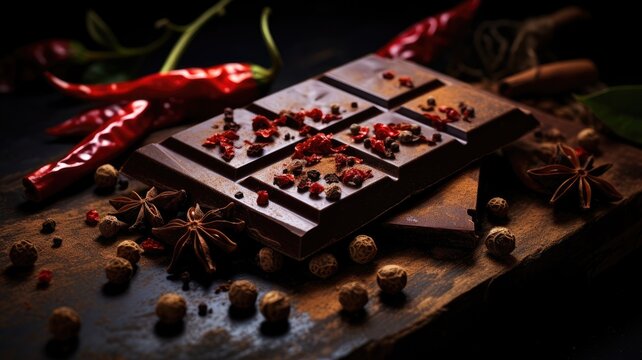 Artisan chocolate with berries and spices on a dark moody background