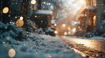 a wintry street at christmas time in a medieval fantasy village