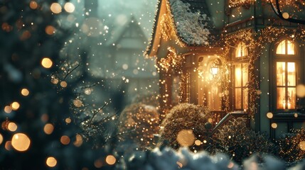 a wintry street at christmas time in a medieval fantasy village