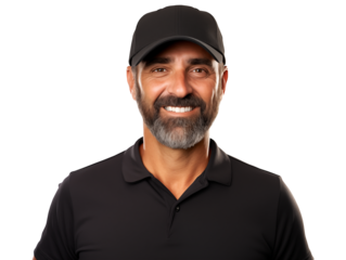 smiling man with beard wearing black dark cap and polo shirt isolated on transparent background