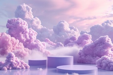 elegant podium pedestal for product placement with pink and purple clouds around