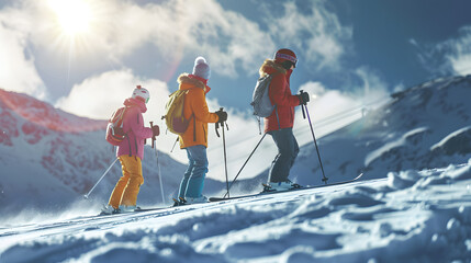 On a ski resort, Asians put on ski equipment and glide happily. Skiers wear colorful ski suits, goggles and protective helmets.