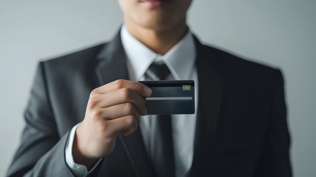 Asian businessman holds a credit card mockup, credit card,wearing a suit, white background, isolated.
