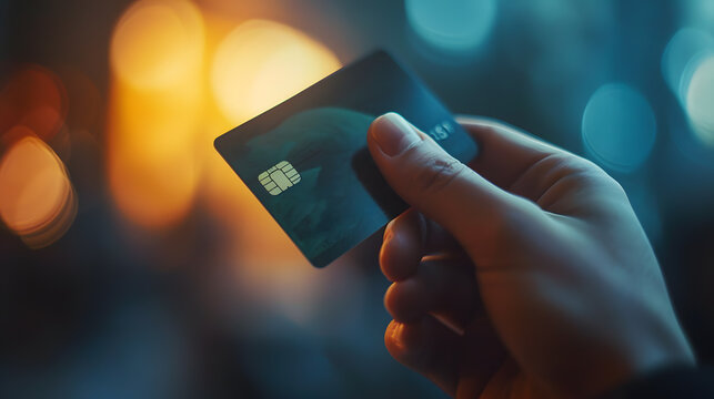 Hand holding a bank card mockup, the bank card mockup has a chipset for scanning and paying. can pay online.