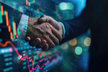 Businessmen handshake with global stock market graph