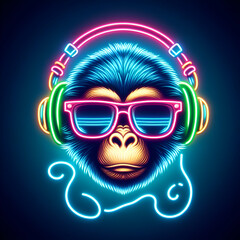 Funny Portrait Cartoon of Cute Cool Bright Neon DJ Cat Party Monkey Ape Gorilla Chimpanzee Animal Fantasy Character Head with Stylish Headphones & Sunglasses Listening to Turntable Music at Club Bar