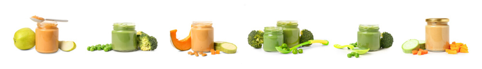Set of healthy baby food in jars on white background