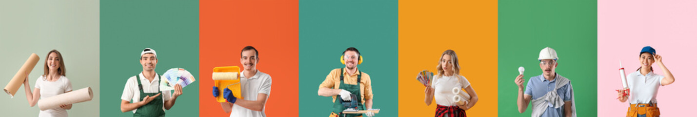 Collage of workers with repairing supplies on color background