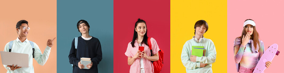 Group of modern students on color background