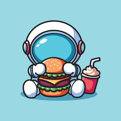 cute vector illustration of an astronaut eating a burger 