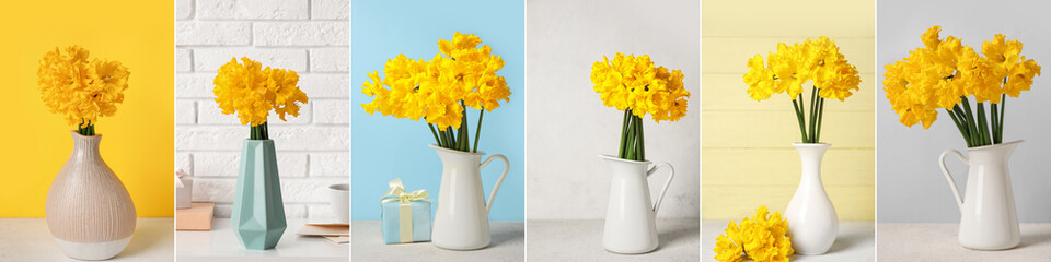 Collage of yellow narcissus flowers in vases on table