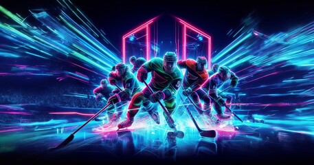 Ice hockey - Battle of ice and fire in space galaxy digital neon 3d illustration.